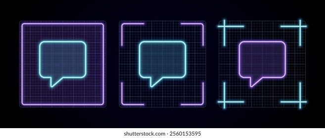 Chat comment icon illustration, cyber neon visual, glowing border grid vector.