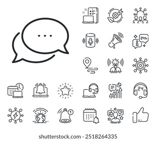 Chat comment sign. Place location, technology and smart speaker outline icons. Dots message line icon. Speech bubble symbol. Dots message line sign. Influencer, brand ambassador icon. Vector