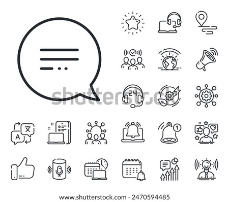 Chat comment sign. Place location, technology and smart speaker outline icons. Text message line icon. Speech bubble symbol. Text message line sign. Influencer, brand ambassador icon. Vector