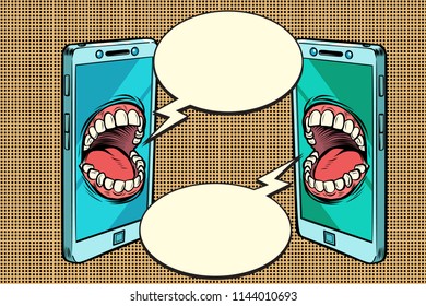 Chat communication by phone concept. Comic cartoon pop art retro vector illustration drawing