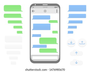 Chat and communication composition with colorful message speech bubbles example of correspondence on mobile screen download and upload icons. Vector illustration