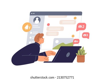 Chat, communication via internet. Person receiving notifications about new unread messages. Online correspondence in messenger at laptop computer. Flat vector illustration isolated on white background