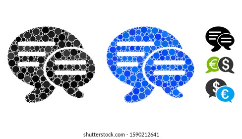 Chat composition of circle elements in variable sizes and shades, based on chat icon. Vector round elements are organized into blue composition. Dotted chat icon in usual and blue versions.