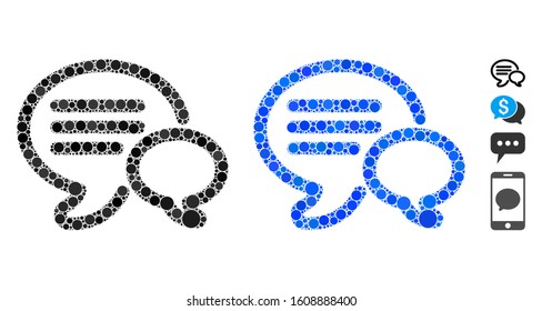 Chat composition of round dots in various sizes and color tints, based on chat icon. Vector round dots are united into blue mosaic. Dotted chat icon in usual and blue versions.