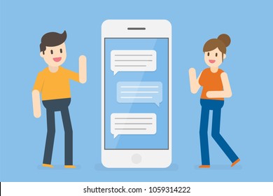 Chat Concept Illustration. Young Couple Standing Near Big Smartphone With speech Bubbles.