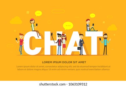 Chat concept illustration of young people using mobile gadgets such as tablet pc and smartphone for texting messages each other via internet. Flat big letters chat and guys and women standing near