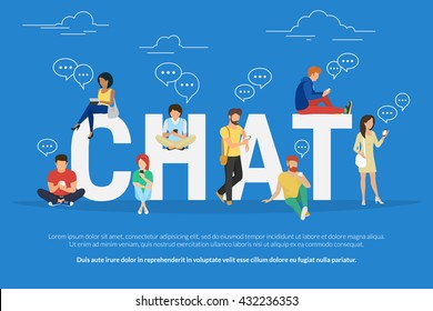 Chat concept illustration of young people using mobile gadgets such as tablet pc and smartphone for texting messages each other via internet. Flat big letters chat and guys and women standing near 