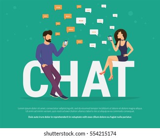 Chat concept illustration of young people using mobile gadgets such as tablet pc and smartphone for texting messages each other via internet. Flat big letters chat and guys and women standing near