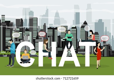 Chat concept illustration of young people using mobile gadgets such as tablet pc and smartphone for texting messages each other via internet. Flat big letters chat and guys and women standing near