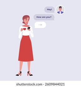 Chat concept. Man chatting with woman. Dialog message. Flat vector illustration