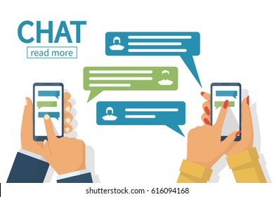 Chat concept. Man and female hold in hand smartphone. People using mobile gadgets for communication. Texting messages in internet. Vector illustration flat design. Isolated on white background.