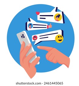 Chatkonzept. Mann halten in der Hand Smartphone. Textblase. Menschen, die mobile Geräte für die Kommunikation verwenden. SMS im Internet. Flaches Design der Vektorillustration.