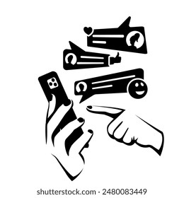 Concepto de chat. Hombre sujetar en el teléfono inteligente de la mano. Burbuja de texto Personas que utilizan gadgets móviles para la comunicación. Mensajes de texto en Internet. Diseño plano de Ilustración vectorial.