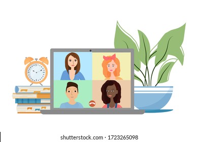 Chat, conference, distance video webinar. Laptop with faces, books, alarm and cozy plant stock vector illustration. Communication from home. Bright, colorful composition