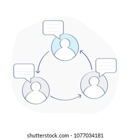 Chat, connection, exchange of views, discussion, dialog, communication, team work, speech. People silhouettes with bubbles are united by arrows. Flat outline vector design.