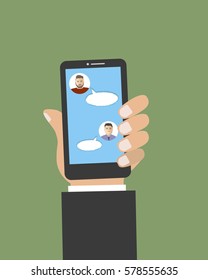 Chat connection icon. There is a hand, holding a phone, in the picture. Vector illustration