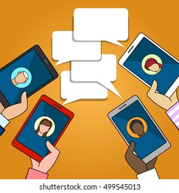 Chat connection vector illustration. Friends holding phones with discussing bubble messages