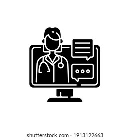 Chat consultation black glyph icon. Personalized care for urgent and on-going medical conditions. Messaging between client and therapist. Silhouette symbol on white space. Vector isolated illustration