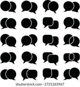 Symbolsatz für Chat und Unterhaltung. Enthält Dialogblasen, Messaging-App-Symbole, Sprechblasen, Kommunikationsinteraktionen und Social-Media-Kommentarpaare.
