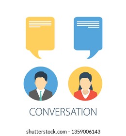 Chat conversation messages. vector messages notification. illustration of flat sms bubbles, man chatting on cellphone with woman isolated