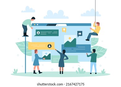 Chat conversation in social media, software for direct messages. Cartoon tiny people holding dialog bubbles and pictures, using virtual service flat vector illustration. Communication, sms concept