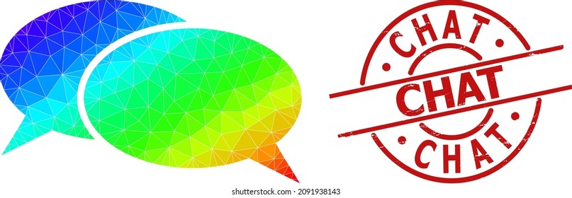 Chat corroded seal and lowpoly rainbow colored chat icon with gradient. Red seal includes CHAT text inside round and lines form. Triangulated chat polygonal icon illustration.