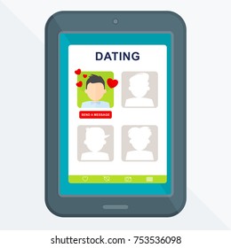 Chat dating in mobile app. Service for finding love, dating, romantic meetings, creating family. Flat vector cartoon illustration. Objects isolated on white background.
