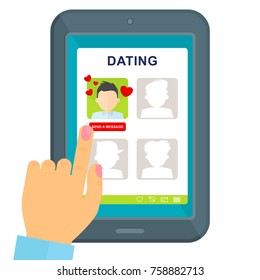 Chat dating in mobile app. Service for finding love, dating, romantic meetings, creating family. Flat vector cartoon illustration. Objects isolated on white background.
