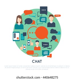 Chat decorative flat icons set with avatars clouds hands smartphones speech bubbles on turquoise circle vector illustration