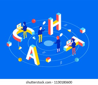 Chat design concept. Chat 3d word lettering typography with isometric people and laptops. Flat 3d isometric style. Isometric design for web banner. Vector illustration.