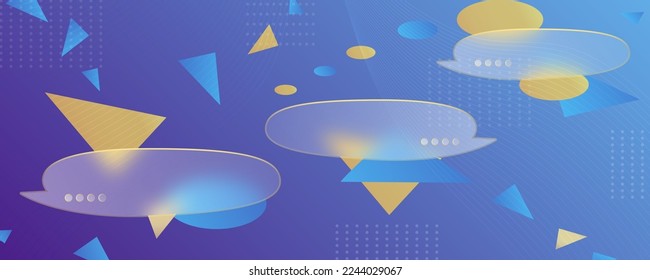 Chat dialog boxes in glass morphism effect style. Transparent frosted acrylic speech bubble on color gradient circles Realistic glassmorphism matte plexiglass message shapes. Vector illustration