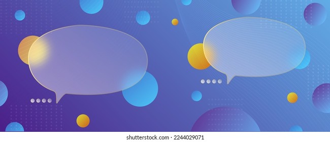 Chat dialog boxes in glass morphism effect style. Transparent frosted acrylic speech bubble on color gradient circles Realistic glassmorphism matte plexiglass message shapes. Vector illustration