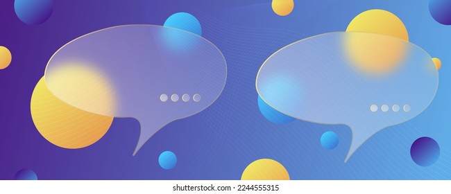 Chat dialog boxes in glass morphism effect style. Transparent frosted acrylic speech bubble on color gradient circles Realistic glassmorphism matte plexiglass message shapes. Vector illustration