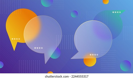 Chat dialog boxes in glass morphism effect style. Transparent frosted acrylic speech bubble on color gradient circles Realistic glassmorphism matte plexiglass message shapes. Vector illustration