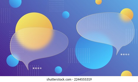 Chat dialog boxes in glass morphism effect style. Transparent frosted acrylic speech bubble on color gradient circles Realistic glassmorphism matte plexiglass message shapes. Vector illustration