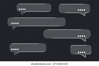 Cuadros de diálogo de chat en efecto de morfismo de vidrio sobre fondo transparente. Morfismo de vidrio realista símbolo de Formas de mensaje de plexiglás mate. Ilustración vectorial.