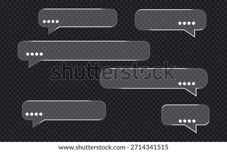 Chat dialog boxes in glass morphism effect on transparent background. Realistic glass morphism matte plexiglass message shapes symbol. vector illustration.