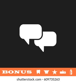 Chat with dialog clouds icon flat. White pictogram on black background. Vector illustration symbol and bonus button tooth, vase, star, mirror, bottle