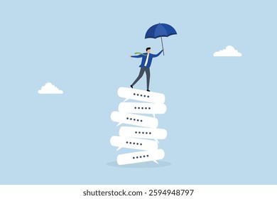 Chat dialogue, entrepreneur stands on a pile of dialogue speech bubbles. 