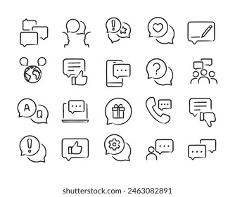 Chat dialogue hand drawn doodle sketch style line icons. Vector illustration.