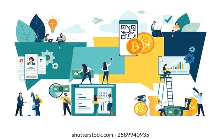 Chat discussion of the exchange of finances. People businessmen discuss social networks, news, dialog speech. Digital phone qr code. Banking gold dollar cents, bitcoin. Vector illustration, flat style