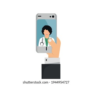 charlar con el médico y la pantalla en línea. Ilustración plana vectorial Pregúntele al médico. Servicio de asesoramiento o asesoramiento médico en línea. Vector moderno de medicina en línea plana ilustración de patrón de banner, diseño para nosotros