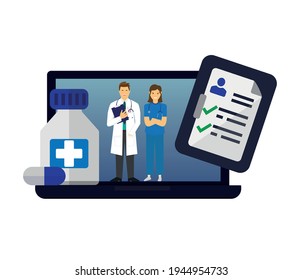 chat with doctor and online screen. Vector flat illustration Ask the doctor. Online medical advice or counseling service. Vector modern flat online medicine banner template illustration, design for we