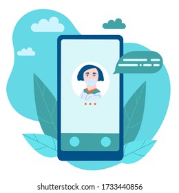 Chat with doctor online using smartphone. Therapist diagnosis patient, giving advice recommendations via mobile app or phone call. Modern isolate flat style vector illustration with clouds and leaves.