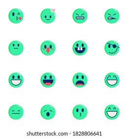 Colección de chat Emoji, emoticonos redondos conjunto de iconos planos, el paquete de símbolos coloridos contiene - cara pirata, carita sonriente, cansada. Ilustración vectorial. Diseño de estilo plano