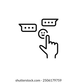 Chat emoji selection icon. Simple line illustration of a hand selecting an emoji from a chat interface. Perfect for app design, web design, and user interface projects. Vector illustration