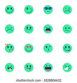 Chat emoticons collection, Emoji smiley flat icons set, Colorful symbols pack contains - winking eye, party, stuck out tongue, sleeping, sick, nerd face. Vector illustration. Flat style design