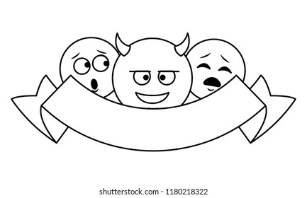 Chat emoticons with ribbon banner in black and white