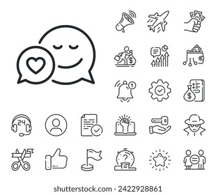 Chat emotion with heart sign. Salaryman, gender equality and alert bell outline icons. Comic speech bubble with Smile line icon. Dating line sign. Spy or profile placeholder icon. Vector