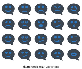 Chat emotion smile icons. Vector set style: bicolor flat images, smooth blue symbols, isolated on a white background.